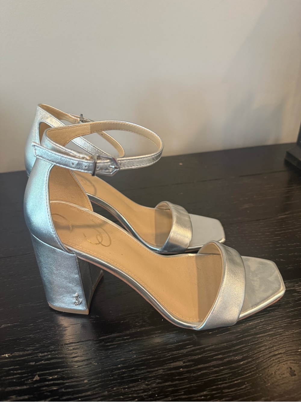 Sam Edelman Metallic Silver Block Heel Ankle Strap Sandals